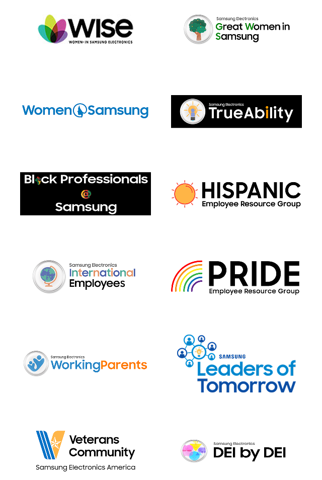 삼성전자의 다양성과 포용 관련 Employee Resource Group 로고들을 모아 보여주는 이미지입니다. WISE(Women in Samsung Electronics), Great Women in Samsung, Women@Samsung, TrueAbility, Black Professionals @ Samsung, HISPANIC Employee Resource Group, Samsung Electronics International Employees, Working Parents, Leaders of Tomorrow, Veterans Community, DEI by DEI 로고가 표시되어 있습니다.